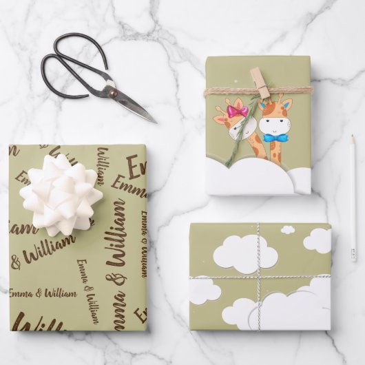 水彩ベビーキリン、サファリツイン誕生日 ラッピングペーパーシート (正面)