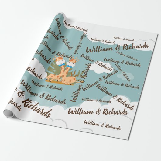 水彩ベビーキリン、サファリツイン誕生日 ラッピングペーパー (アンロールド)