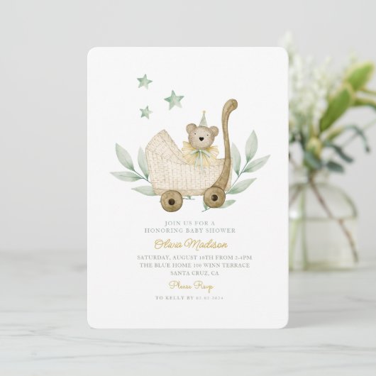 水彩ベビークマ植物花赤ちゃんシャワー 招待状 (スタンド正面)