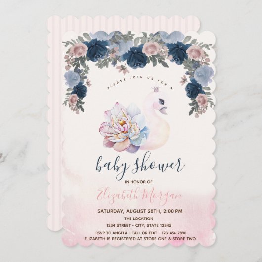 水彩ベビースワンフローラピンクベビーシャワー 招待状 (正面/裏面)