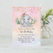 水彩ベビーゾウと花1歳の誕生日 招待状 (スタンド正面)