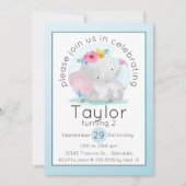 水彩ベビーゾウ花誕生日 招待状 (正面)