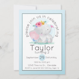 水彩ベビーゾウ花誕生日 招待状