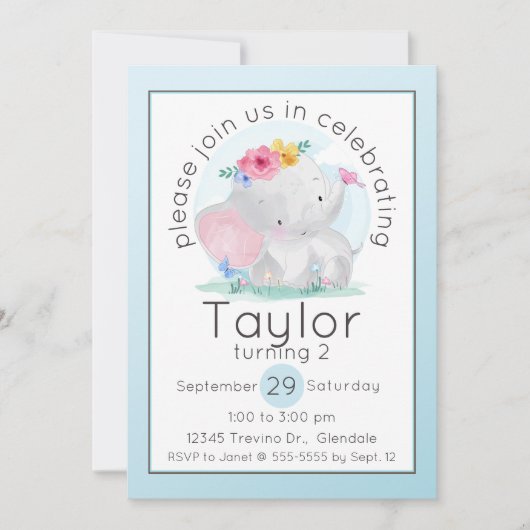 水彩ベビーゾウ花誕生日 招待状 (正面)