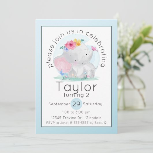 水彩ベビーゾウ花誕生日 招待状 (スタンド正面)