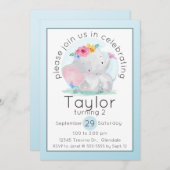 水彩ベビーゾウ花誕生日 招待状 (正面/裏面)