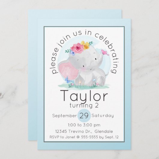 水彩ベビーゾウ花誕生日 招待状 (正面/裏面)