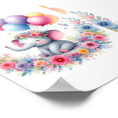 水彩ベビーゾウ風船と花 ポスター (角)