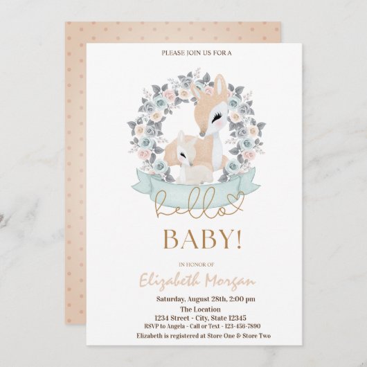 水彩ベビーデアーズフラワードットベビーシャワー 招待状 (正面/裏面)