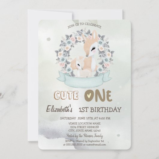 水彩ベビーディアフラワーバラグリーン1st 招待状 (正面)