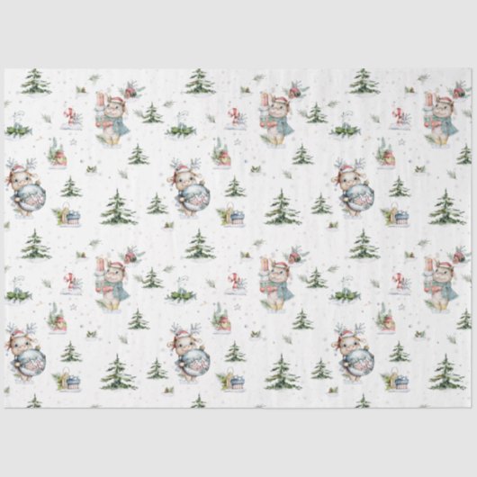 水彩ベビートナカイ雪グローブマツの木 薄葉紙 (正面)