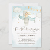 水彩ベビーバニー飛行機ブルーベビーシャワー 招待状 (正面)