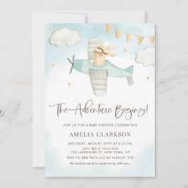 水彩ベビーバニー飛行機ブルーベビーシャワー 招待状