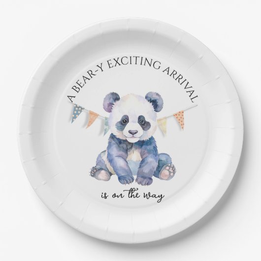 水彩ベビーパンダと旗 ペーパープレート (正面)