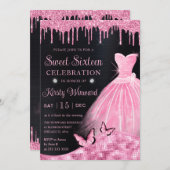 水彩ベビーピンクグリッタードレスSweet sixteen 招待状 (正面/裏面)