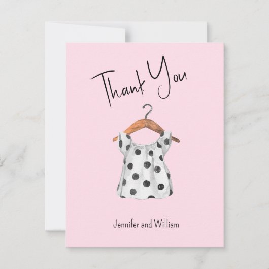 水彩ベビーブラックドットドレスピンク赤ちゃんシャワー サンキューカード (正面)