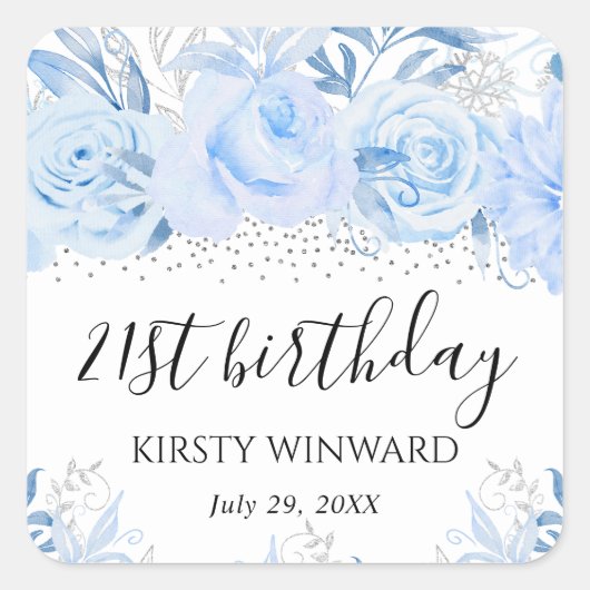 水彩ベビーブルーウィンターフラワーズ誕生日 スクエアシール (正面)