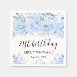 水彩ベビーブルーウィンターフラワーズ誕生日 スタンダードカクテルナプキン