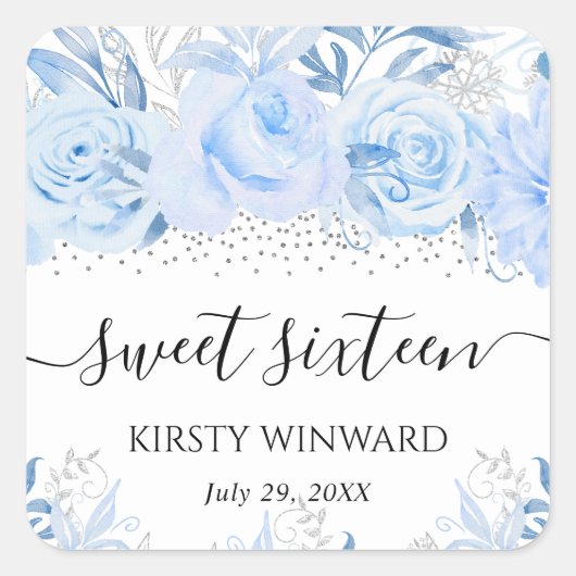 水彩ベビーブルーウィンターフラワーズSweet sixteen スクエアシール (正面)