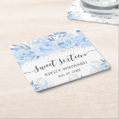 水彩ベビーブルーウィンターフラワーズSweet sixteen スクエアペーパーコースター (アングル)