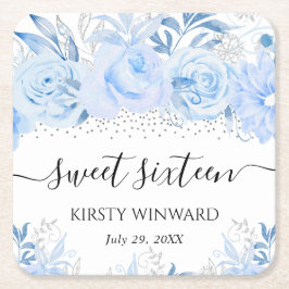 水彩ベビーブルーウィンターフラワーズSweet sixteen スクエアペーパーコースター