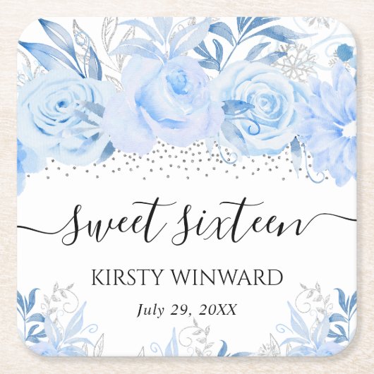 水彩ベビーブルーウィンターフラワーズSweet sixteen スクエアペーパーコースター (正面)