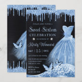 水彩ベビーブルーグリッタードレスSweet sixteen 招待状 (正面/裏面)