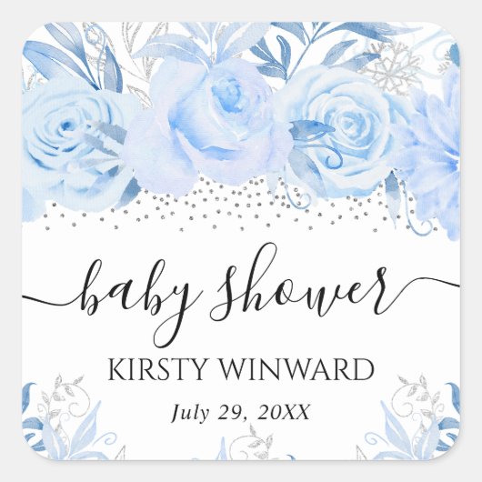 水彩ベビーブルー冬の花ベビーシャワー スクエアシール (正面)
