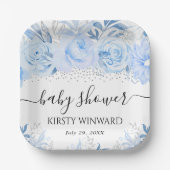 水彩ベビーブルー冬の花ベビーシャワー ペーパープレート (正面)
