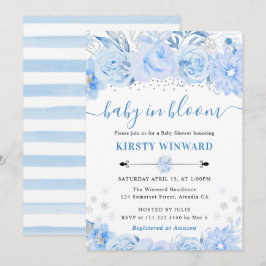 水彩ベビーブルー冬の花ベビーシャワー 招待状