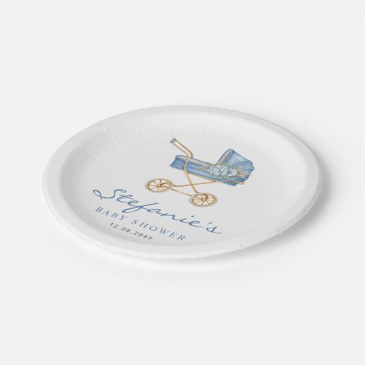 水彩ベビーベビーカー男の子のベビーシャワー ペーパープレート (アングル)