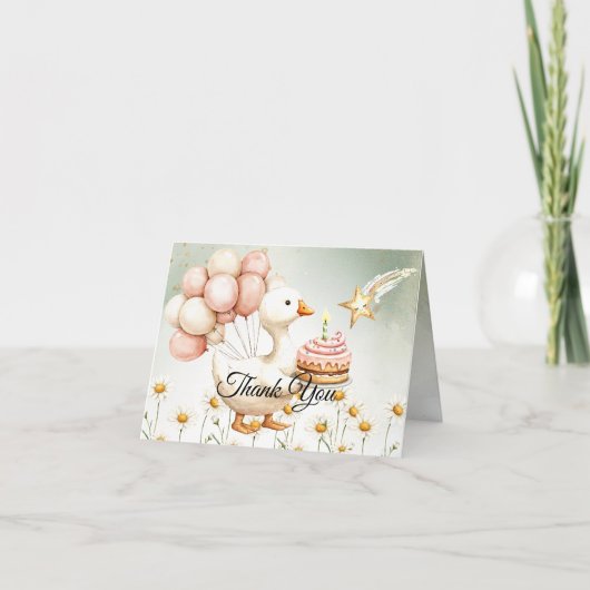 水彩ベビーホワイトガチョウ誕生日パーティーかわいい サンキューカード (正面)