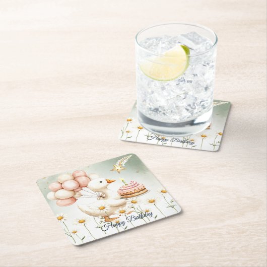 水彩ベビーホワイトガチョウ誕生日パーティーかわいい スクエアペーパーコースター (インサイチュ)