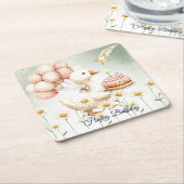 水彩ベビーホワイトガチョウ誕生日パーティーかわいい スクエアペーパーコースター (アングル)