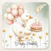 水彩ベビーホワイトガチョウ誕生日パーティーかわいい スクエアペーパーコースター (正面)
