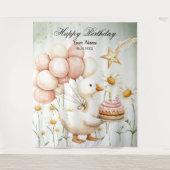 水彩ベビーホワイトガチョウ誕生日パーティーかわいい タペストリー (正面)