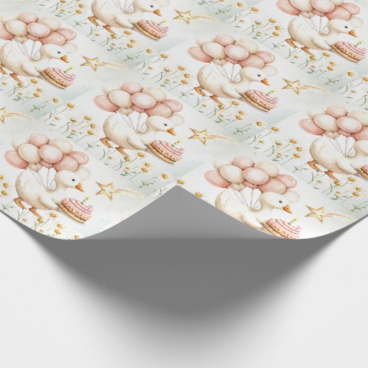 水彩ベビーホワイトガチョウ誕生日パーティーかわいい ラッピングペーパー (角)