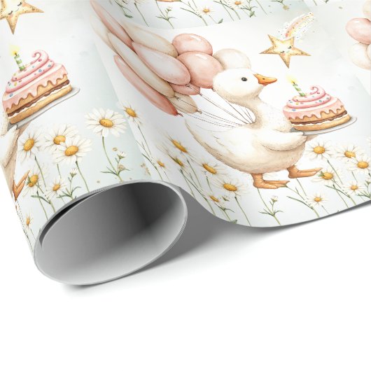 水彩ベビーホワイトガチョウ誕生日パーティーかわいい ラッピングペーパー (ロールコーナー)