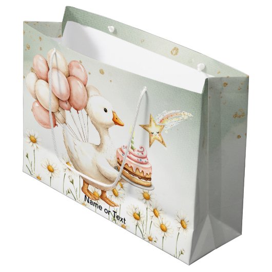 水彩ベビーホワイトガチョウ誕生日パーティーかわいい ラージペーパーバッグ (正面アングル)