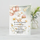 水彩ベビーホワイトガチョウ誕生日パーティーかわいい 招待状 (スタンド正面)