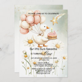 水彩ベビーホワイトガチョウ誕生日パーティーかわいい 招待状