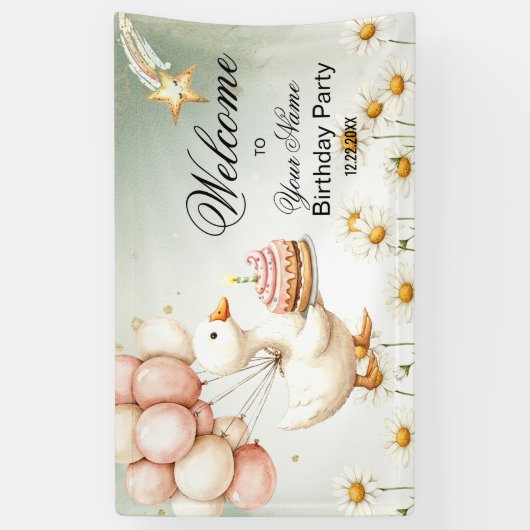 水彩ベビーホワイトグースバースデーパーティー 横断幕 (縦)