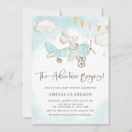 水彩ベビーマウス飛行機ブルーベビーシャワー 招待状