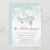 水彩ベビーマウス飛行機ブルーベビーシャワー 招待状 (正面/裏面)