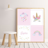 水彩ベビーユニコーン名前をカスタムするガール子供部屋 ポスター