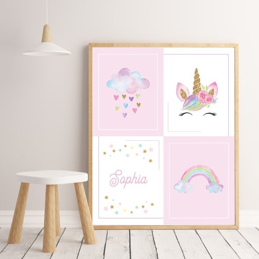 水彩ベビーユニコーン名前をカスタムするガール子供部屋 ポスター