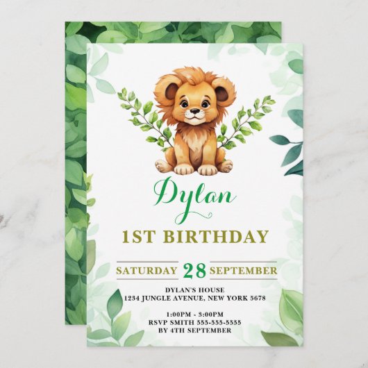水彩ベビーライオンプリンスグリーンリー誕生日 招待状 (正面/裏面)
