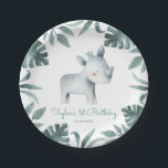 水彩ベビーライノセロスプリンストロピカル ペーパープレート<br><div class="desc">このカスタマイズ可能なイベントサイ紙プレートを使用して、あなたのベビーのテーブルエスケープにかわいいサファリアクセントを追加する。熱帯リースのサイの王子の水色イラストレーションを離れ特徴とする。独自の詳細を追加してパーソナライズこれらのサイ紙プレートは、赤ちゃんシャワーや子供の誕生日パーティーに最適である。</div>