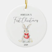 水彩ベビーラビットカスタム初めてのクリスマス セラミックオーナメント (正面)