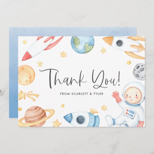 水彩ベビー宇宙飛行士宇宙テーマベビーシャワー サンキューカード (正面/裏面)